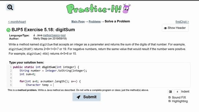 Java Practice It | Exercise 5.18: digitSum | if, else, Boolean logic, method basics, return смотреть онлайн