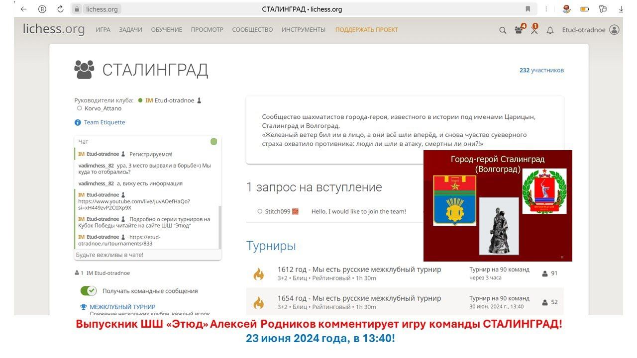 Кубок Москвы по блицу 2024 года (турнир №4, 23 июня 2024 года), играет могучая команда СТАЛИНГРАД!