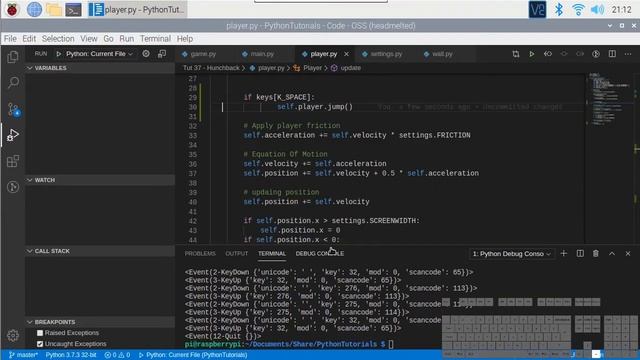Tutorial 37.16 - Adding The Ability to Jump (PyGame Python) смотреть онлайн