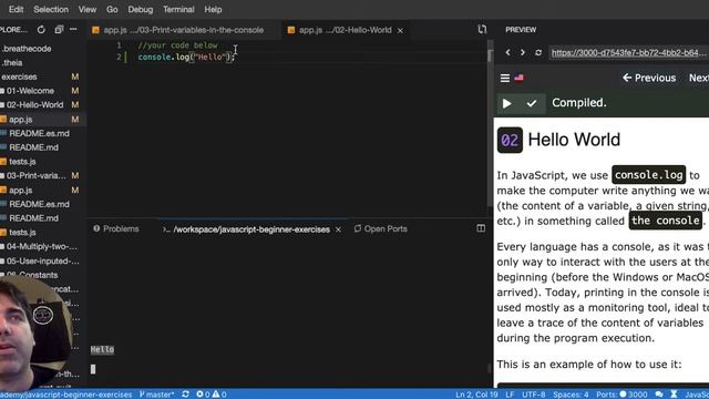 02 How to print on the console, hello world - Javascript Beginner Exercises Tutorial Interactive смотреть онлайн