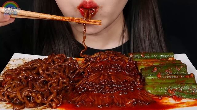 ASMR SPICY ENOKI MUSHROOMS, BLACK BEAN NOODLES, GREEN ONION KIMCHI 대파김치, 불닭팽이버섯, 짜파게티 먹방 咀嚼音 MUKBAN смотреть онлайн