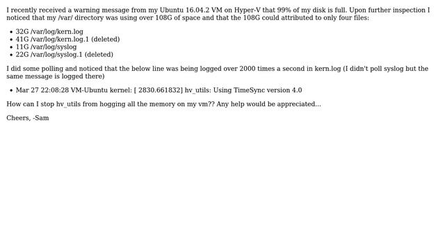 How can I stop hv_utils from logging a message in kern.log + syslog 2000+ times a second?... смотреть онлайн
