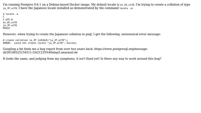 Databases: Trying to create a collation on Postgres 9.6; a nonsensical error message смотреть онлайн