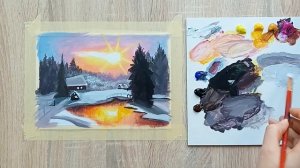 Рисунок зима 2 класс. Пейзаж зимы рисунок. Зимние рисунки легкие.