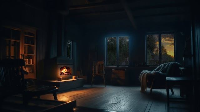 Уютная атмосфера хижины с тихим ночным дождем и звуками камина смотреть онлайн