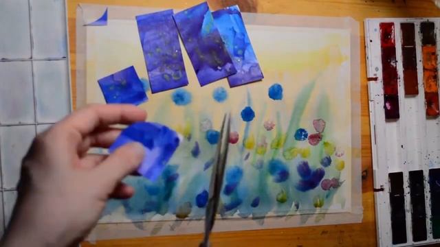 Рисую акварелью Синие цветы на лугу, акварель, аппликация смотреть онлайн