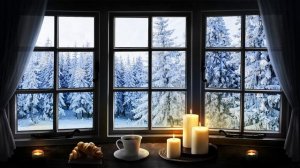 Падающий снег за окном, атмосфера зимы, белый шум для фона