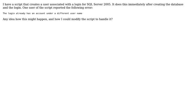 SQL Script fails with error: The login already has an account under a different user name смотреть онлайн