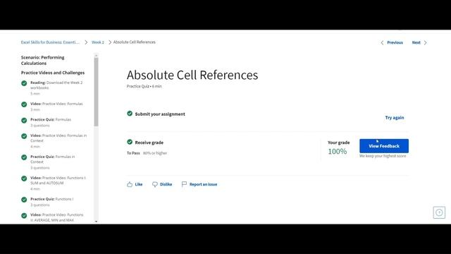 excel skills for business coursera week 2 quiz answers смотреть онлайн