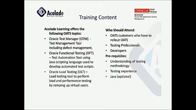 Acolade Consulting: Oracle Application Testing Suite (OATS) Training Course смотреть онлайн