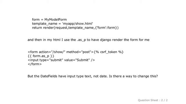 Django : Django form.as_p DateField not showing input type as date смотреть онлайн