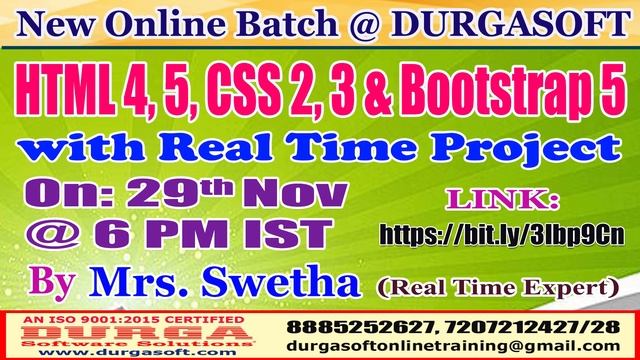 HTML 4, 5, CSS 2, 3 & Bootstrap 5 Online Training @ DURGASOFT смотреть онлайн