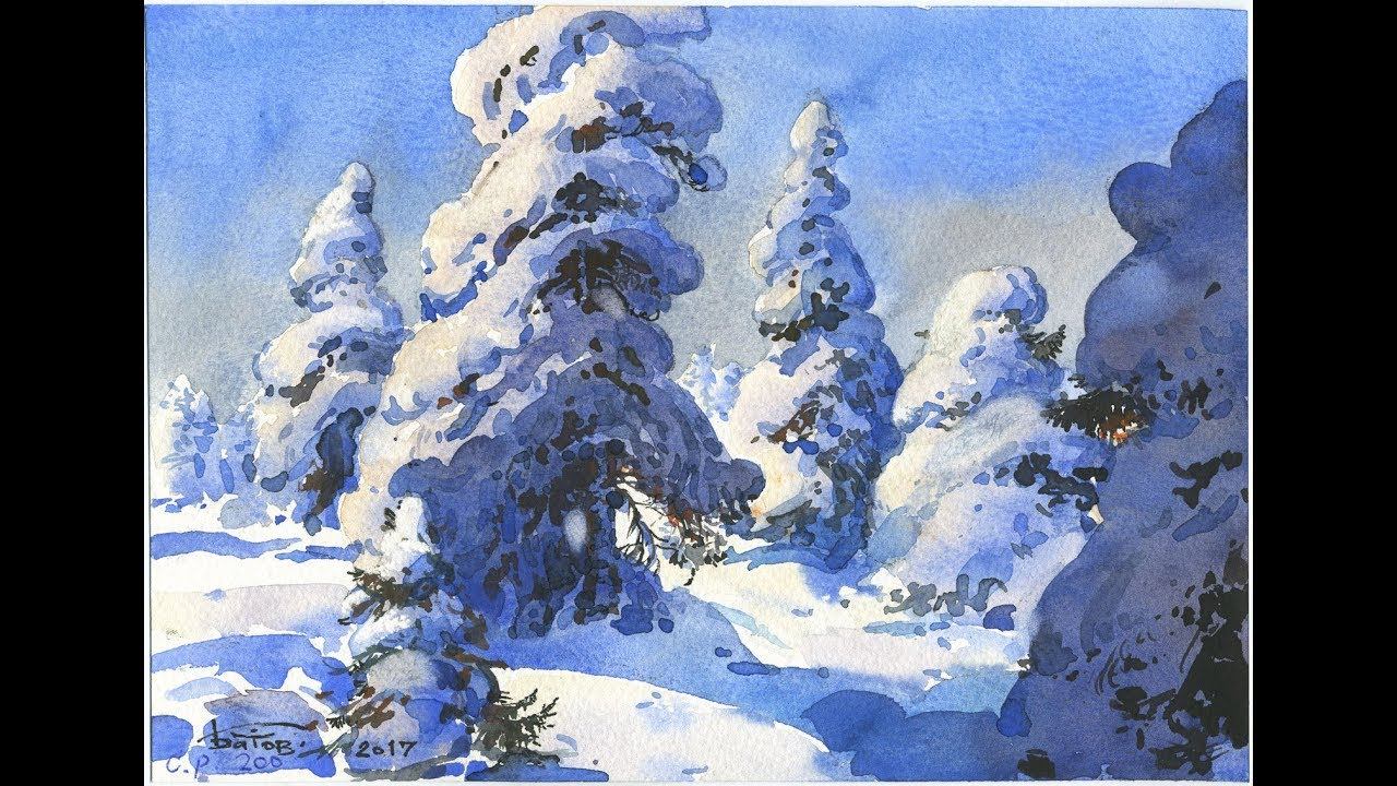 Акварельный зимний пейзаж из пяти тонов смотреть онлайн