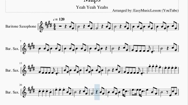 Baritone Sax Sheet Music: How to play Maps by Yeah Yeah Yeahs смотреть онлайн