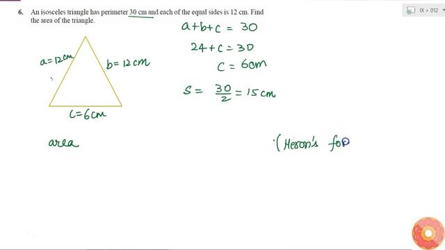 An isosceles triangle has perimeter 30 cm and each of the equal sides is 12 cm. Find the area of... смотреть онлайн