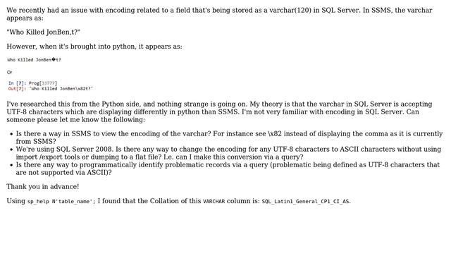 Databases: Encoding issue with SQL Server VARCHAR column retrieved in Python смотреть онлайн