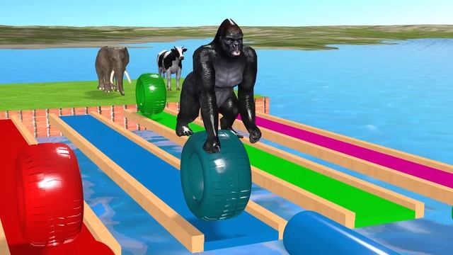 Cow Dinosaur Mammoth Elephant Gorilla Buffalo With Tire Game Balloon Challenge Wild Animals Game смотреть онлайн
