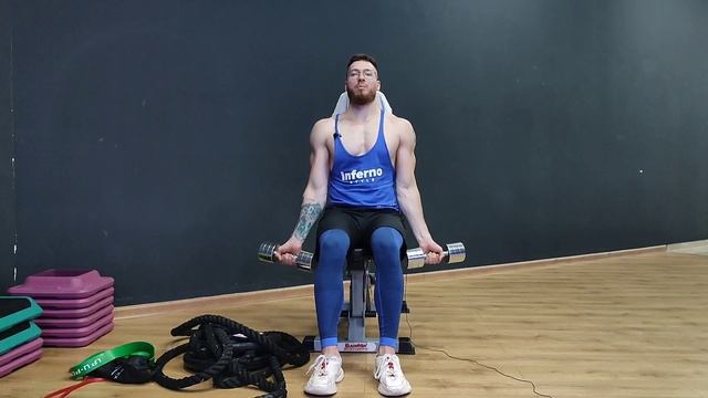 Сгибания рук с гантелями сидя открытым хватом. смотреть онлайн