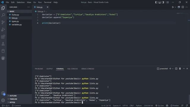 Python asoslari | #05 Ro'yxatlar va uning vazifalari (List) смотреть онлайн