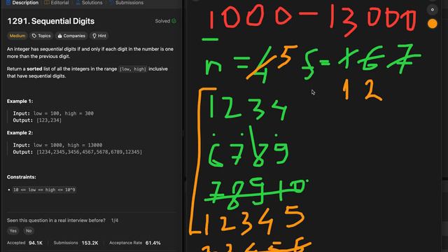 LeetCode 1291 Sequential Digits python смотреть онлайн