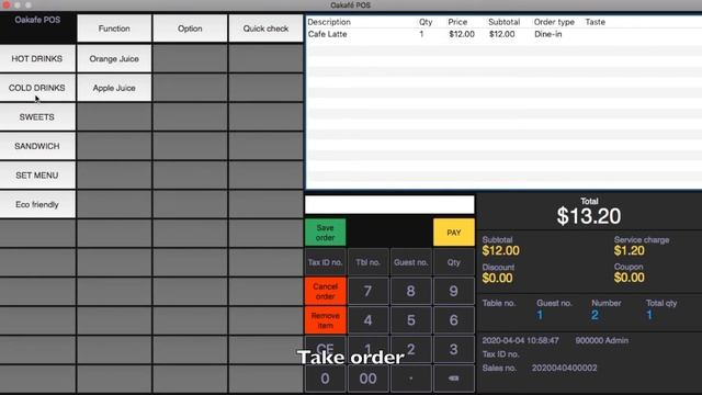 Oakafe' POS Mac ~ Petite Demo ~  Order And Enter Customer's Options