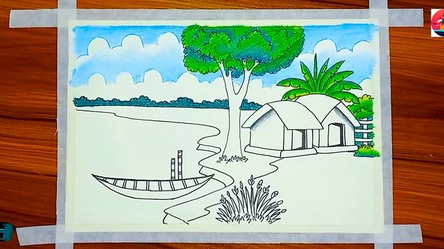 How to draw a beautiful riverside village scenery with landscape drawing easy beautiful nature Draw смотреть онлайн
