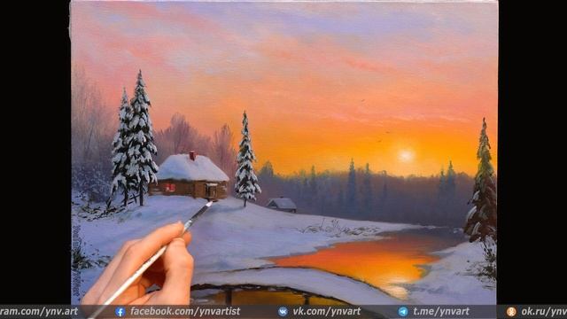 Oil Landscape Painting - Winter Sunset / Easy Art / Drawing Lessons / Satisfying Relaxing / Масло. смотреть онлайн