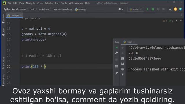 Python math kutubxonasi | degress va radians funksiyalari | pi o'zgaruvchisi смотреть онлайн
