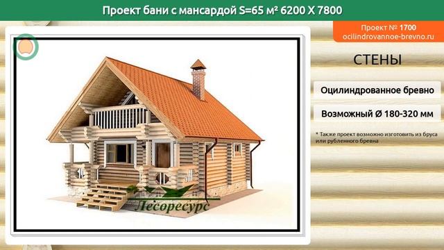 Проект бани № 1700 с мансардным этажом 65 м2 6.2 X 7.8 из оцилиндрованного бревна смотреть онлайн