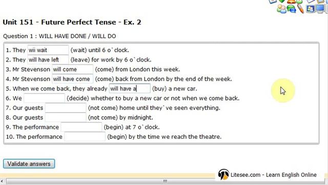 Litesee.com (Learn English Online): Unit 151 Future Perfect Tense exercise 2 смотреть онлайн