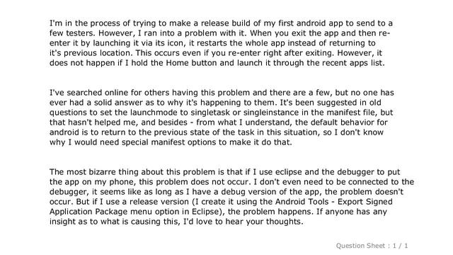 Android : App completely restarting when launched by icon press in launcher смотреть онлайн