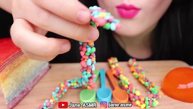 ASMR RAINBOW CREPE CAKE, EDIBLE SPOON, MACARON, NERDS ROPE JELLY 레인보우 크레이프 케이크, 너드 로프젤리, 먹는 숟가락 먹방