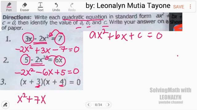 Write each Quadratic Equation in Standard Form ax² + bx + c = 0 | Identify the value of a, b, c смотреть онлайн