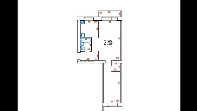 2-комнатная квартира, серия 1-447, хрущевка, линейная кв., план с точными размерами стен. смотреть онлайн