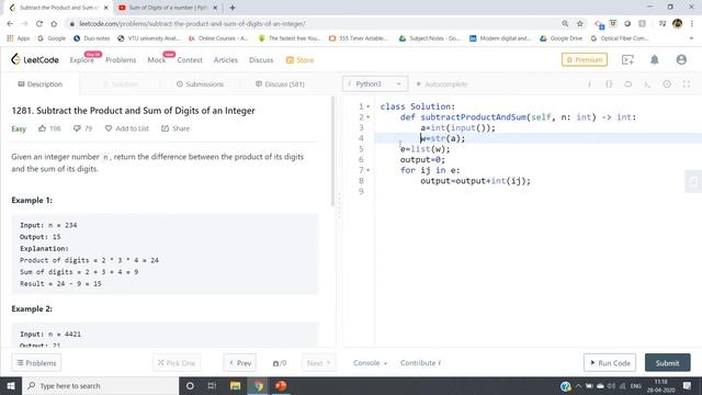 Subtract the Product and Sum of Digits of an Integer | Python | Castor Classes смотреть онлайн