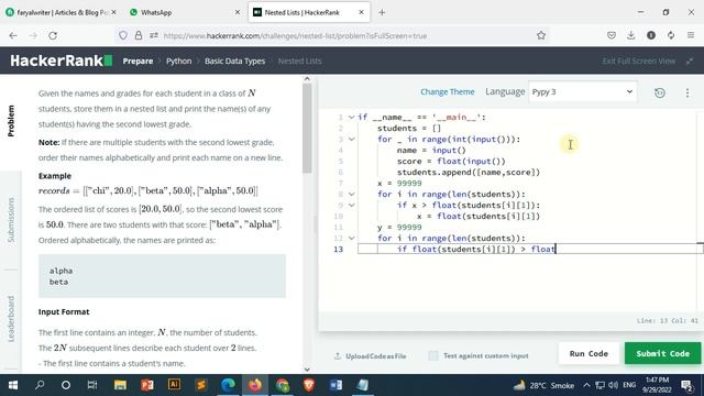 Nested Lists in python | HackerRank Problem | Solution смотреть онлайн