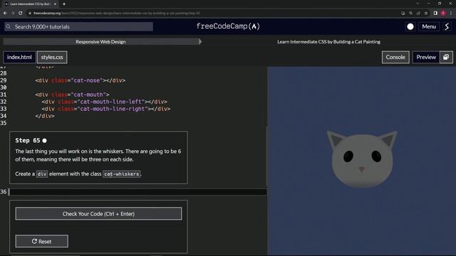 FreeCodeCamp | Learn Intermediate CSS by Building a Cat Painting: Step 65 | Responsive Web Design смотреть онлайн