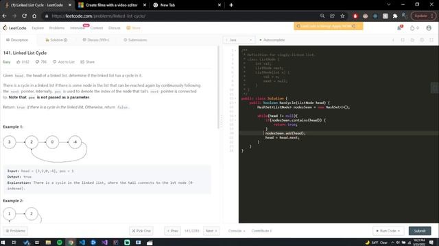 LeetCode 141. Linked List Cycle - Java смотреть онлайн