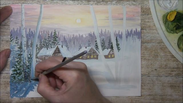 #art Простой пейзаж )рисуем гуашью) Деревня зимой (2019) смотреть онлайн
