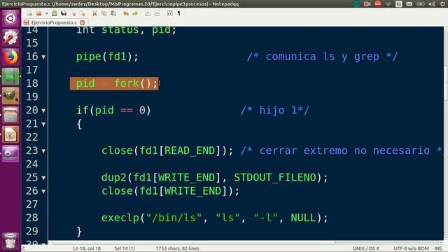 Comunicar 3 procesos (ls, grep y wc) usando 2 pipes, fork(), dup2(), execlp(). Programar en C, Linu смотреть онлайн