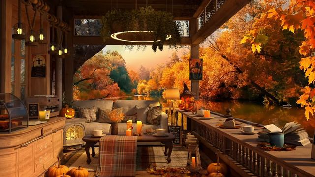 4K Autumn Cozy Coffee Balcony 🍁 Piano Jazz Music For Relaxing, Studying And Working