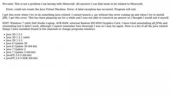 Error: could not create the Java Virtual Machine. Error: A fatal exception has occurred. Program...