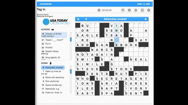 S02E105 USA Today Crossword "Tag In" April 14, 2020 смотреть онлайн