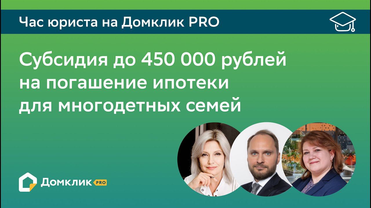 Субсидия до 450 000 рублей на погашение ипотеки для многодетных семей. Час юриста на Домклик PRO смотреть онлайн