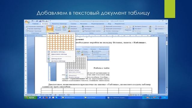 Таблицы в текстовом процессоре смотреть онлайн