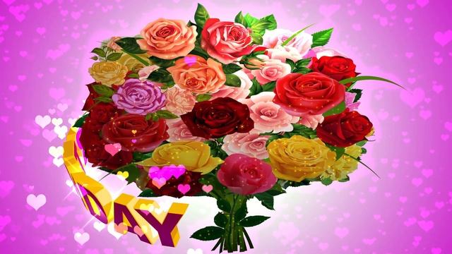 Шикарный футаж: БУКЕТ РОЗ HAPPY BIRTHDAY на маджента фоне с эффектом сердечек смотреть онлайн