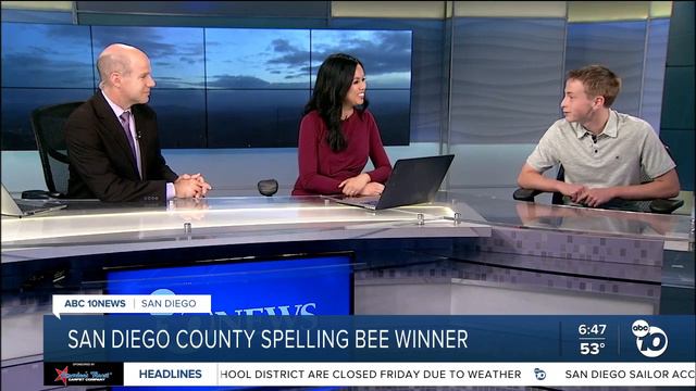 The champ is here: County Regional Spelling Bee winner Ben Evans visits 10News смотреть онлайн