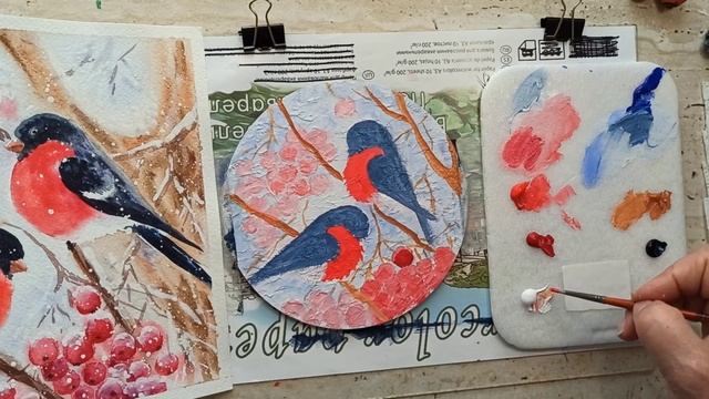 ЗИМНИЕ ПТИЧКИ СНЕГИРИ/МАСТЕР КЛАСС ЖИВОПИСИ АКРИЛОМ/bullfinch birds / winter / gifts / смотреть онлайн
