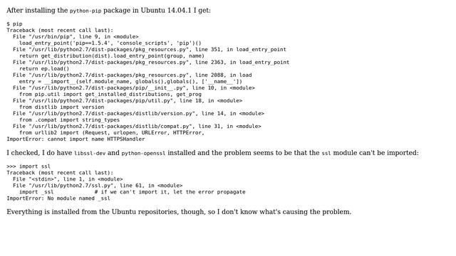 Ubuntu: pip raises ImportError: cannot import name HTTPSHandler смотреть онлайн