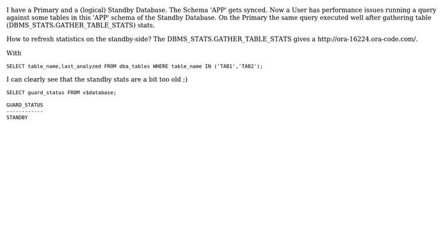 Oracle: How to gather stats in a logical standby database? смотреть онлайн
